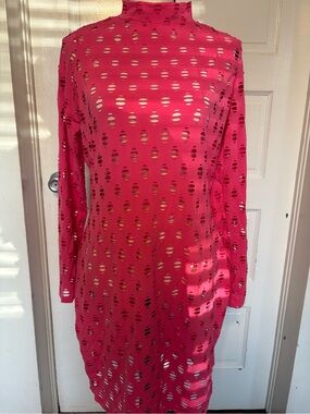 Fashion Nova Hot Pink Laser-Cut Mock Neck Dress NWT